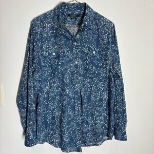 L Ralph Lauren Blue Floral Women’s Button up Long sleeve Shirt Sz L lightweight